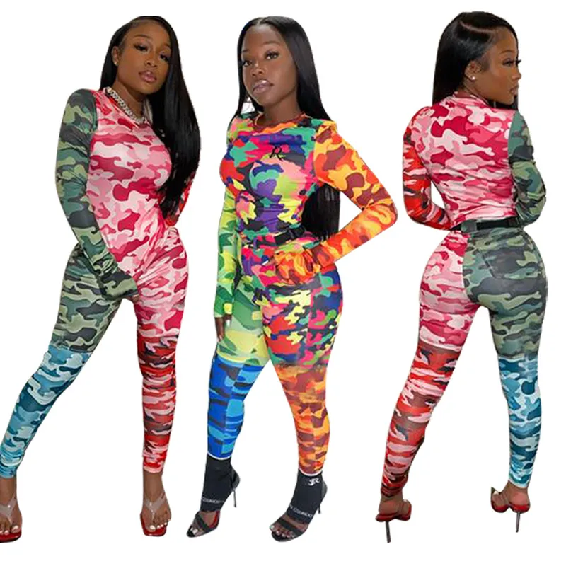 2021 Autumn Women′s Camouflage Printed Amazon Casual Two-Piece Slim Sports Suit