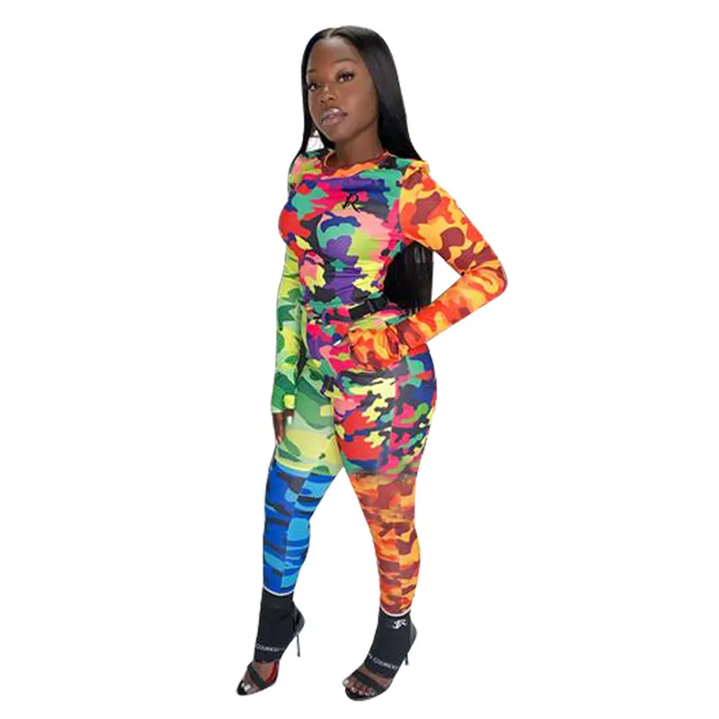 2021 Autumn Women′s Camouflage Printed Amazon Casual Two-Piece Slim Sports Suit