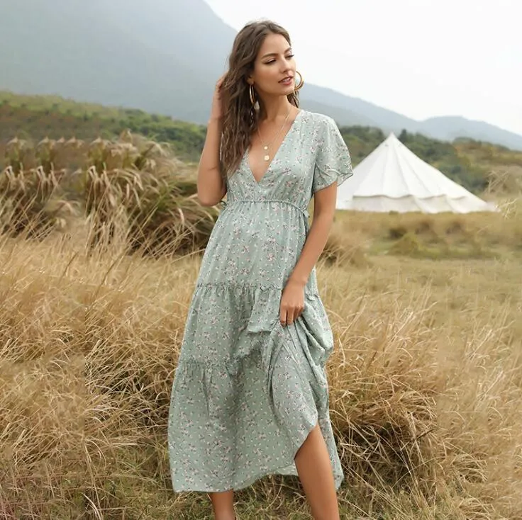 2021 Lady Clothing Floral Printed Maxi Boho Dress Summer Vestidos V-Neck Women Dresses