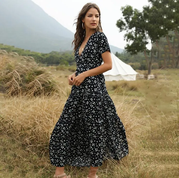 2021 Lady Clothing Floral Printed Maxi Boho Dress Summer Vestidos V-Neck Women Dresses