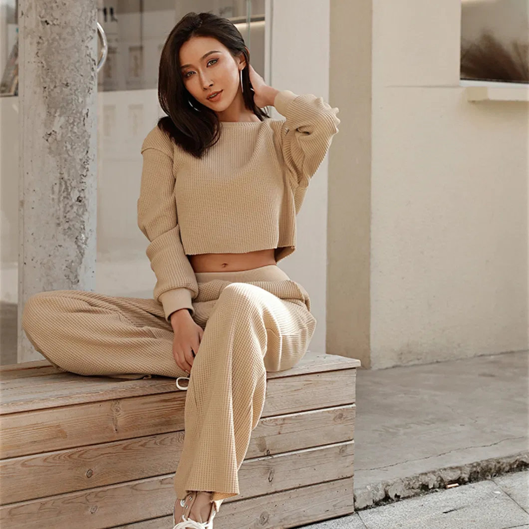 2021 Women Sweatsuits Clothing Autumn and Winter New Casual Jogger Loose Sweatsuit Two Piece Set Waffle Jogger Sets Crop Top Womens Short Sets