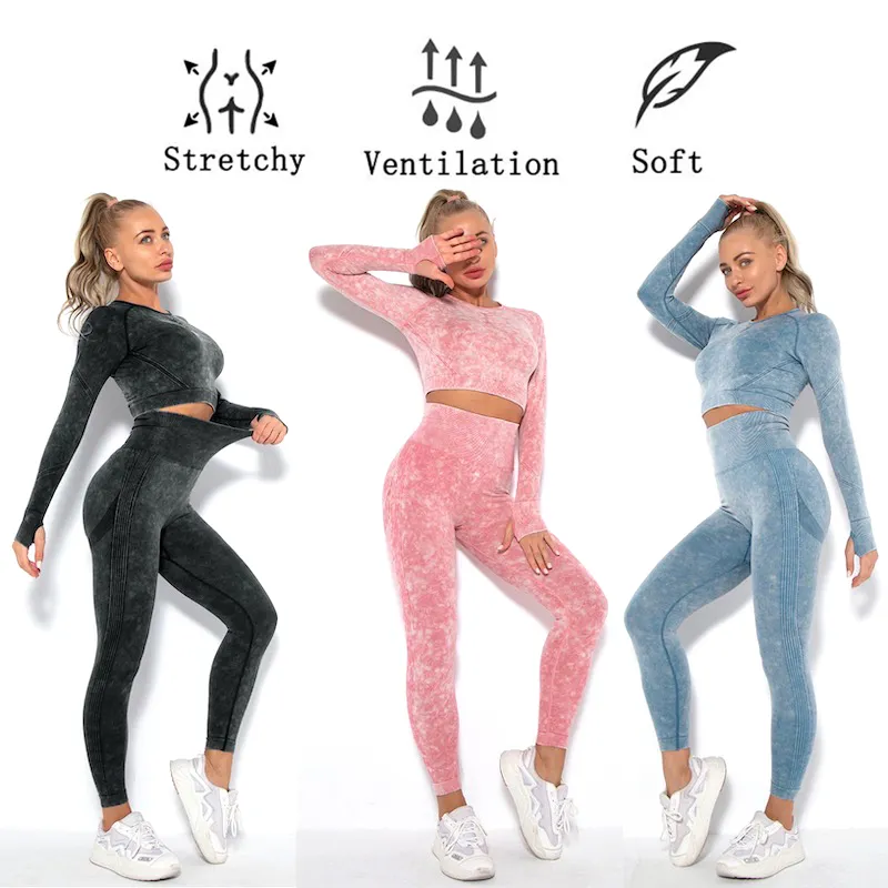 Amazon Latest Hot Women′s Contour Seamless Long Sleeve Workout Clothes Athletic Apparel, Acid Washed Pattern Gym Crop Top + Scrunch Booty Leggings Activewear