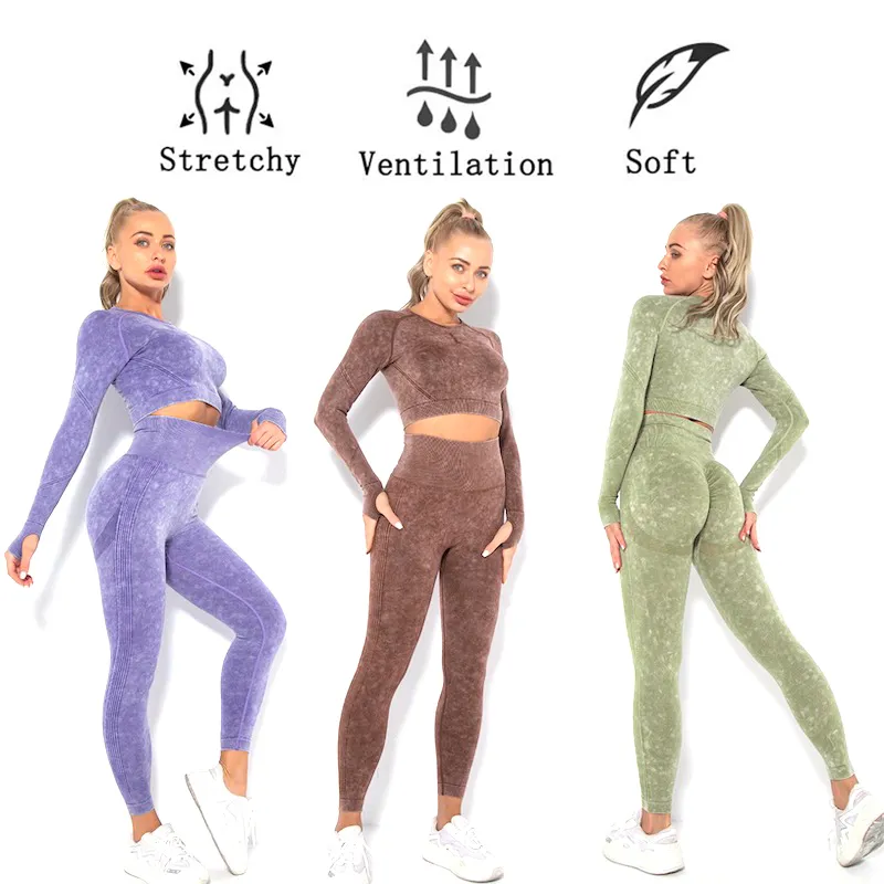 Amazon Latest Hot Women′s Contour Seamless Long Sleeve Workout Clothes Athletic Apparel, Acid Washed Pattern Gym Crop Top + Scrunch Booty Leggings Activewear