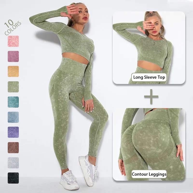 Amazon Latest Hot Women′s Contour Seamless Long Sleeve Workout Clothes Athletic Apparel, Acid Washed Pattern Gym Crop Top + Scrunch Booty Leggings Activewear