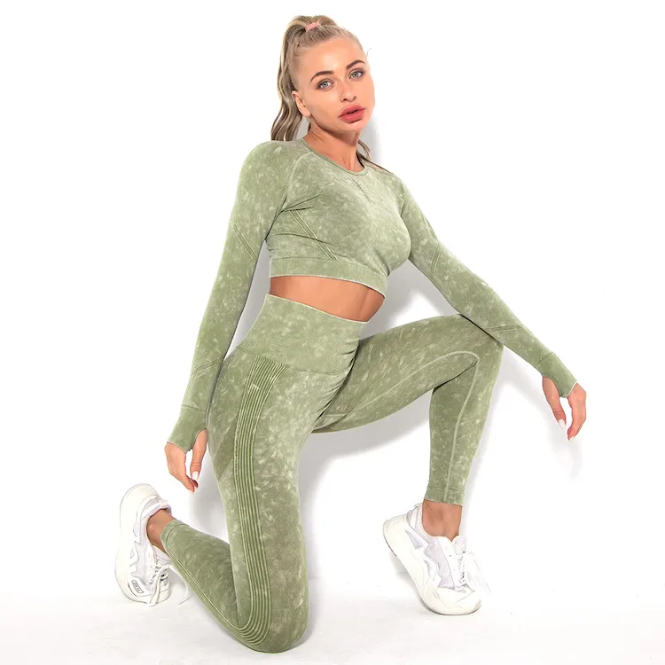 Amazon Latest Hot Women′s Contour Seamless Long Sleeve Workout Clothes Athletic Apparel, Acid Washed Pattern Gym Crop Top + Scrunch Booty Leggings Activewear