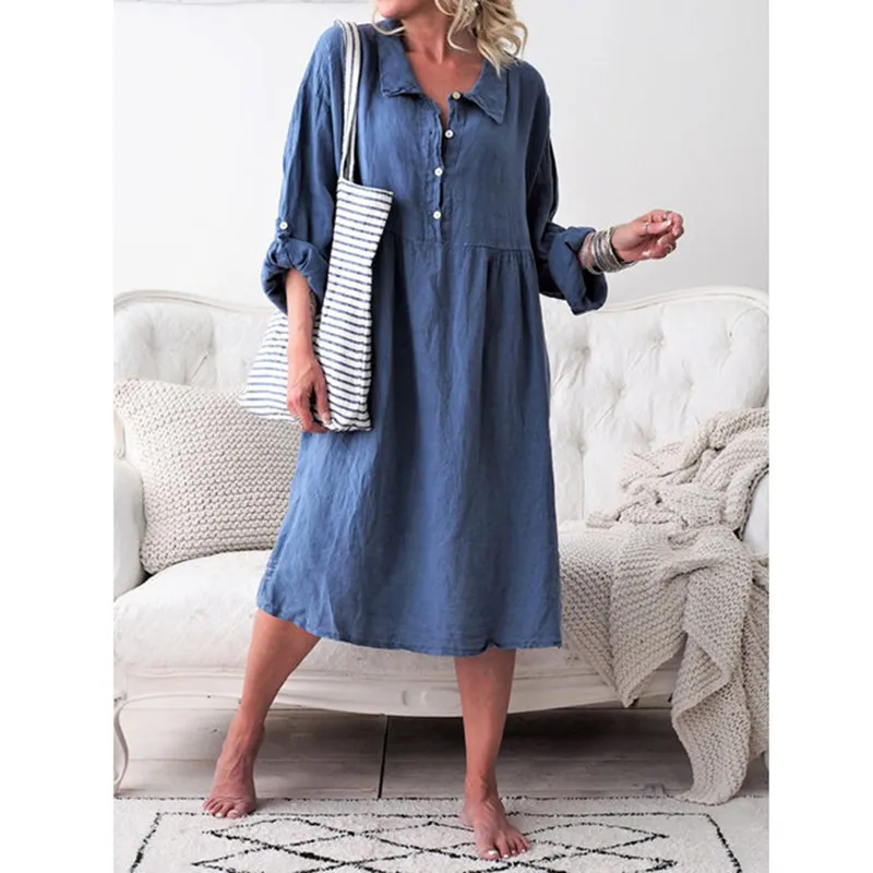 Autumn Casual Solid Color Loose Button Medium Length Dress