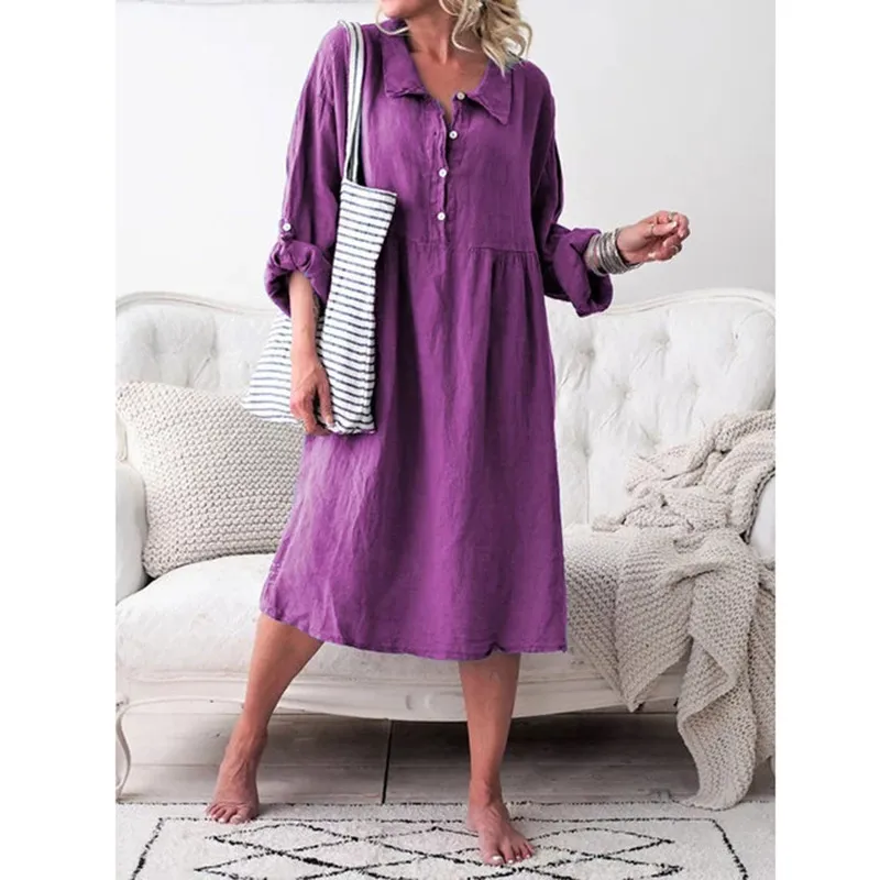 Autumn Casual Solid Color Loose Button Medium Length Dress