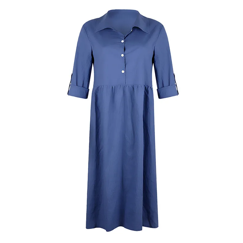 Autumn Casual Solid Color Loose Button Medium Length Dress