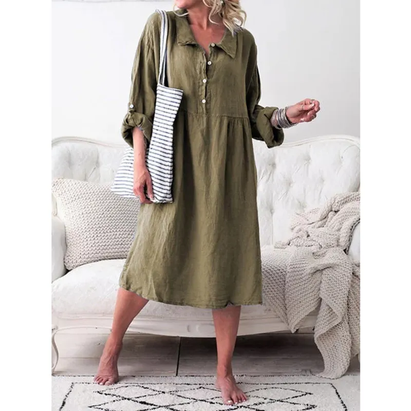 Autumn Casual Solid Color Loose Button Medium Length Dress