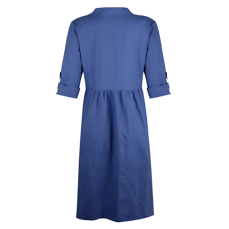 Autumn Casual Solid Color Loose Button Medium Length Dress