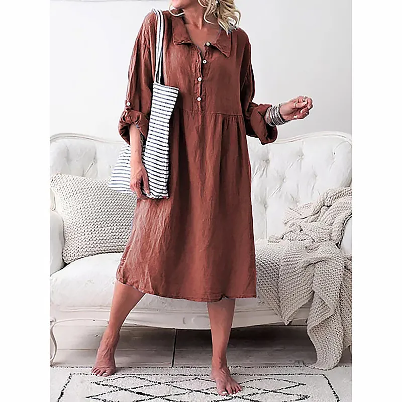 Autumn Casual Solid Color Loose Button Medium Length Dress