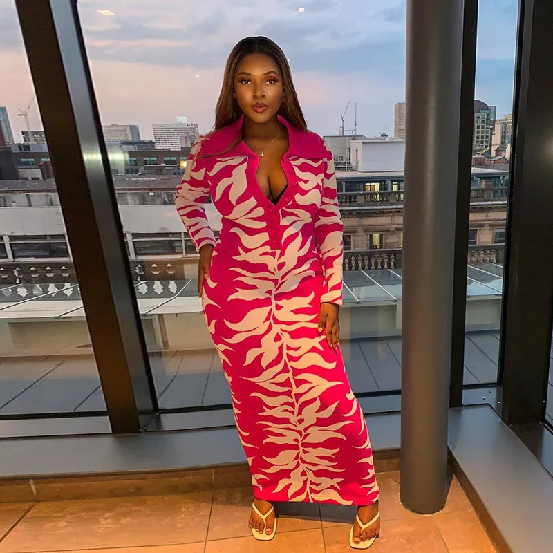 Autumn New Polo Button Print Sexy Dress