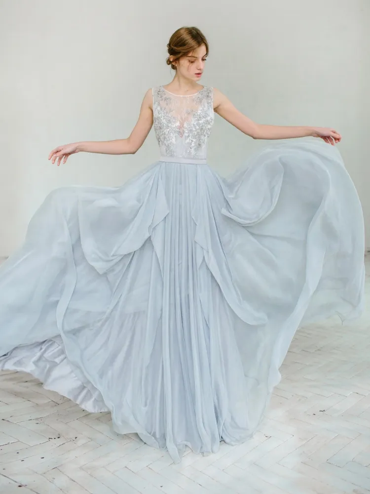 Blue Chiffon Party Prom Formal Gowns Beading Lace Evening Dress Sh318