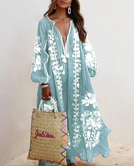 Boho Women Long Dress Autumn Ethnic Embroidery Tassel Lace Womens Party Wear Ukrainian Dress