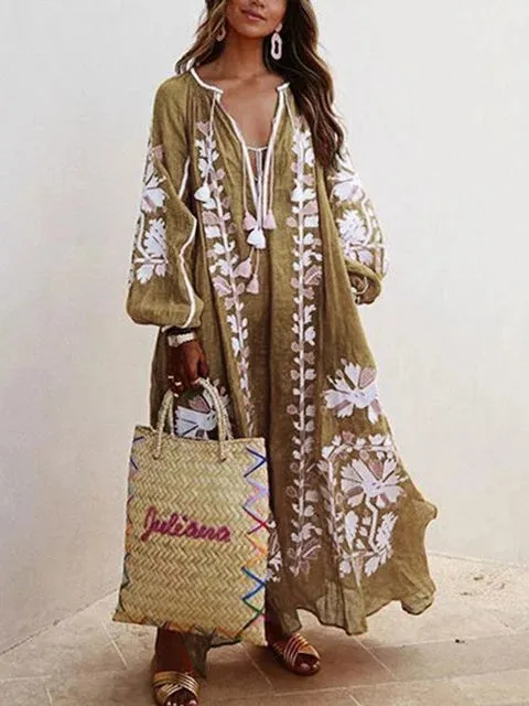 Boho Women Long Dress Autumn Ethnic Embroidery Tassel Lace Womens Party Wear Ukrainian Dress