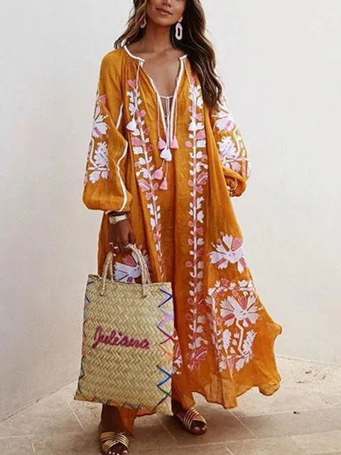 Boho Women Long Dress Autumn Ethnic Embroidery Tassel Lace Womens Party Wear Ukrainian Dress