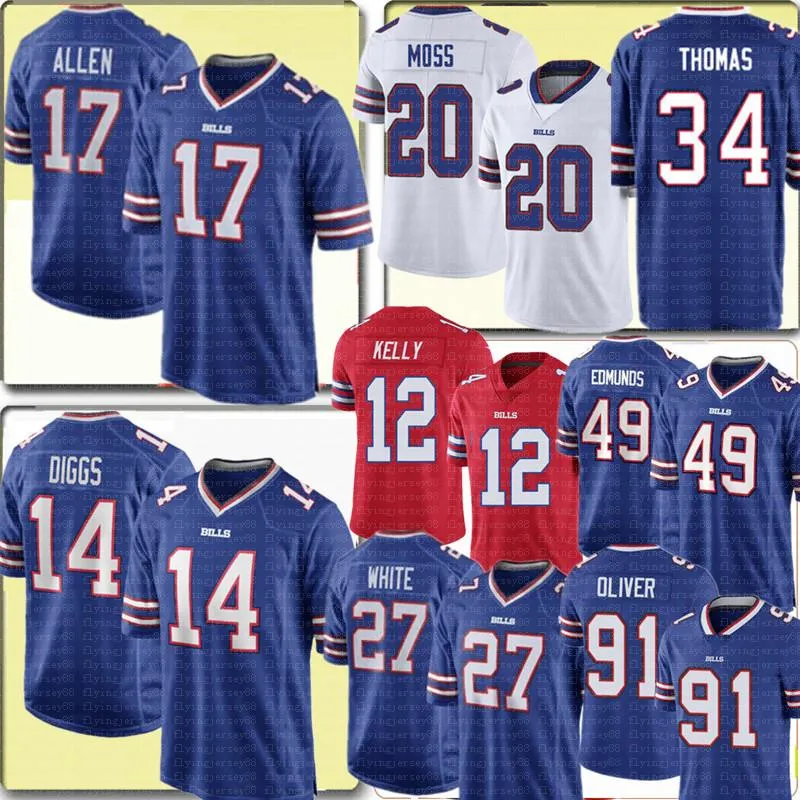 Buffalo Bill Josh Allen Tre′davious White Stefon Diggs Jersey Jim Kelly Thurman Thomas Zack Moss 91 Oliver Tremaine Edmunds Tyrod Taylor Football Jerseys
