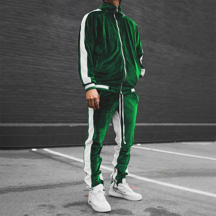 Casual Two Piece Men Set Polyester White Striped Full Zip Velvet Tracksuit