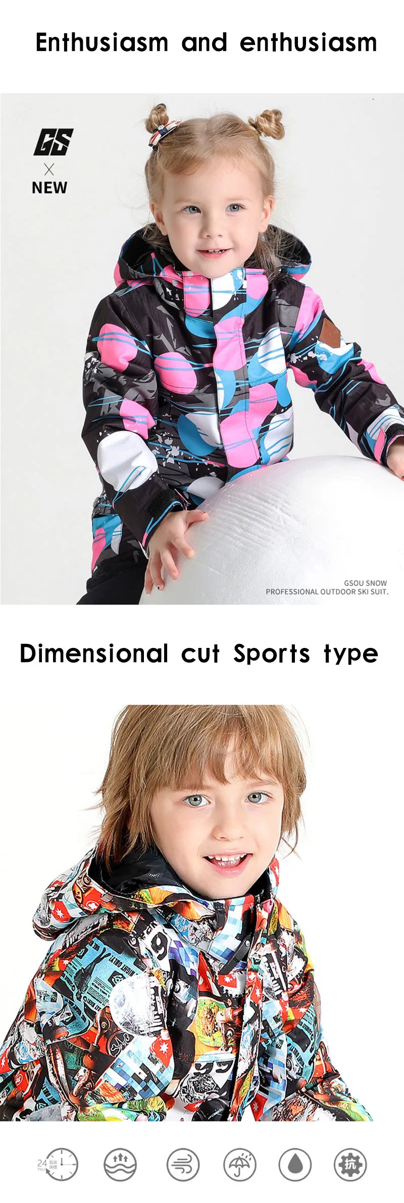 Children Thick Winter Outdoor Waterproof Hooded Skiing Snowboarding Windproof Snowsuit