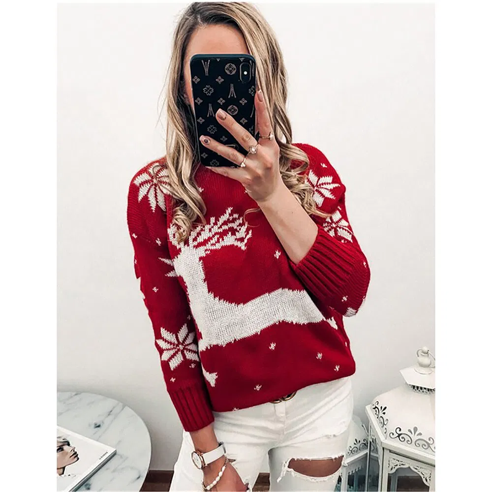 Christmas Sweet Pattern Cashmere Blended Knitwear Ugly Pullover Sweater for Women