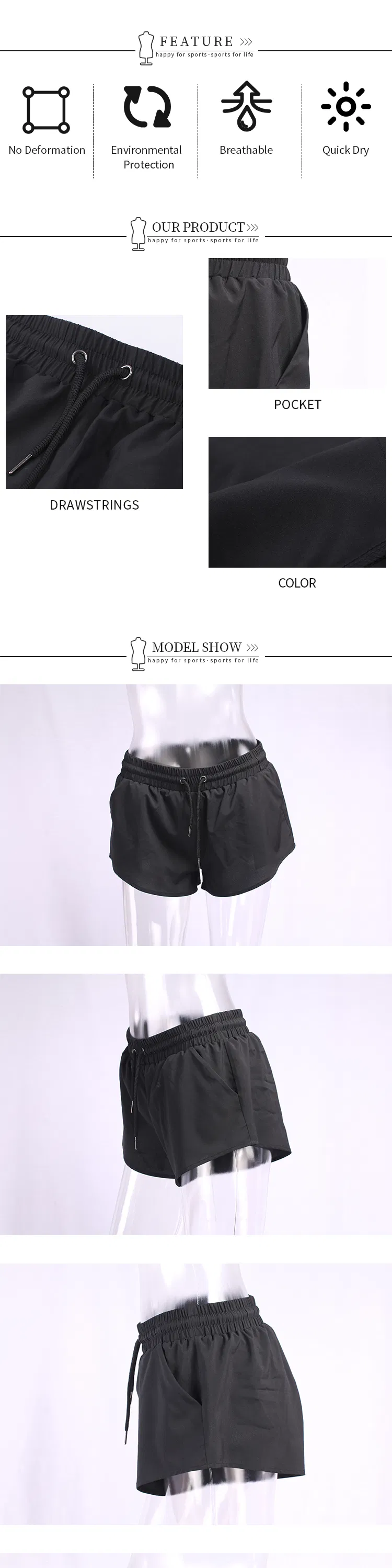 Custom Sportswear Polyester Black Gym Ladies Sports Running Shorts