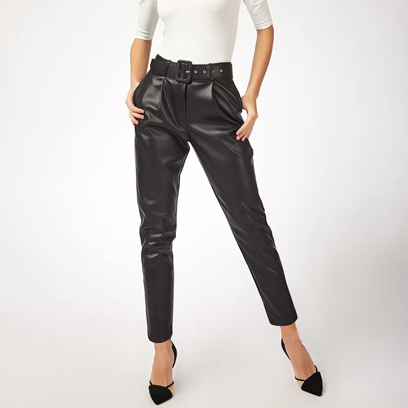 Customized Promotional Wholesale New Design New Trend Black Leather Pants to The Ankle Cool Style for Women