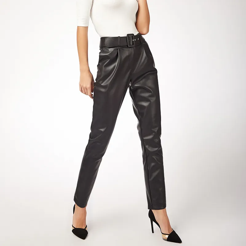 Customized Promotional Wholesale New Design New Trend Black Leather Pants to The Ankle Cool Style for Women