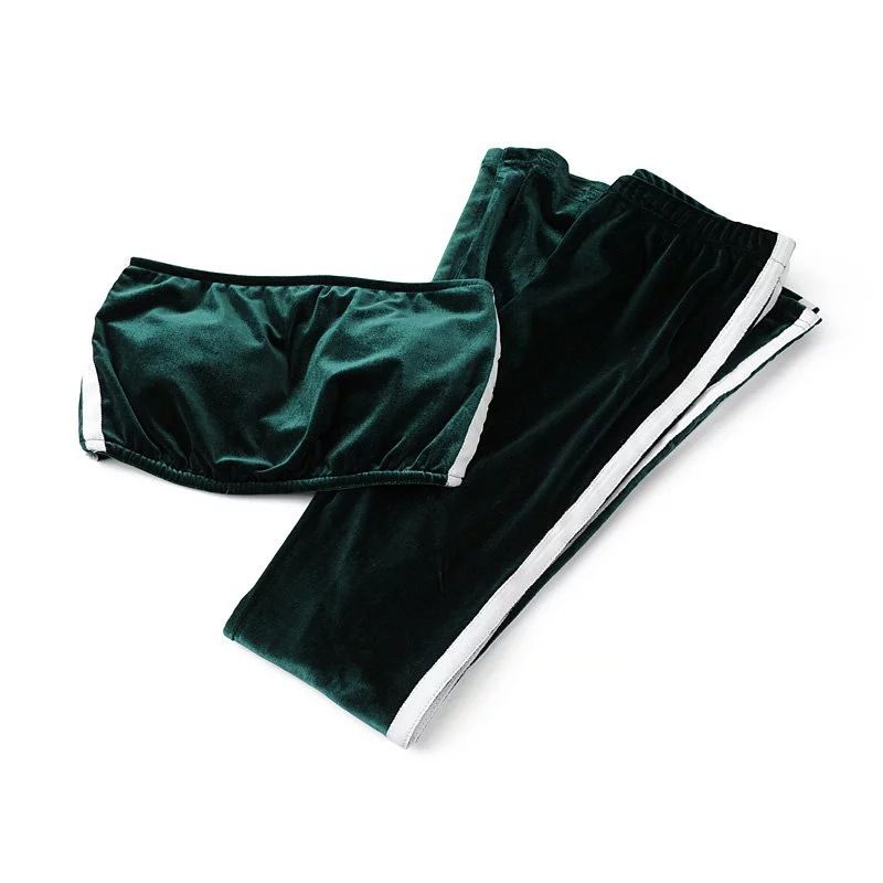 Fall Velvet Sportswear Women Two-Piece Set Crop Bra Top Sleeveless and Long Flare Pants Casual Velour Set