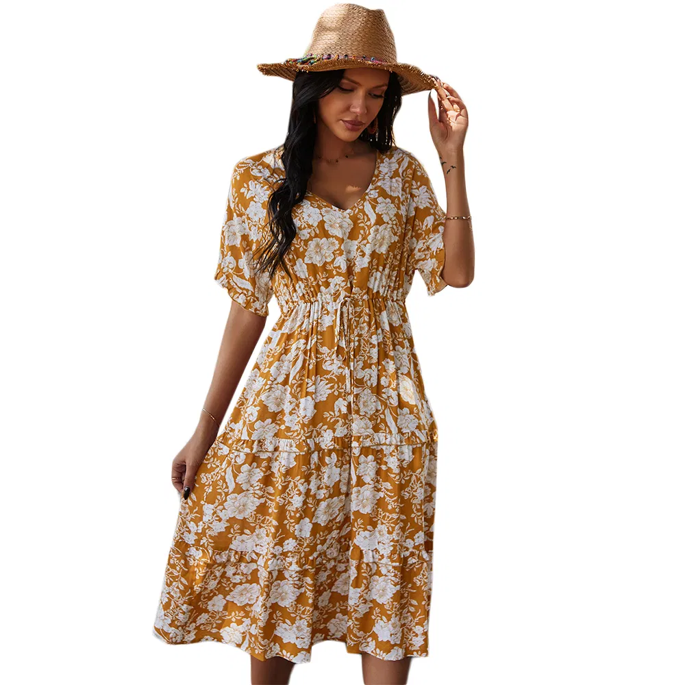 Fashion Korean Style Empire Waist Casual Elegant Bohemian Summer Floral Dress for Women
