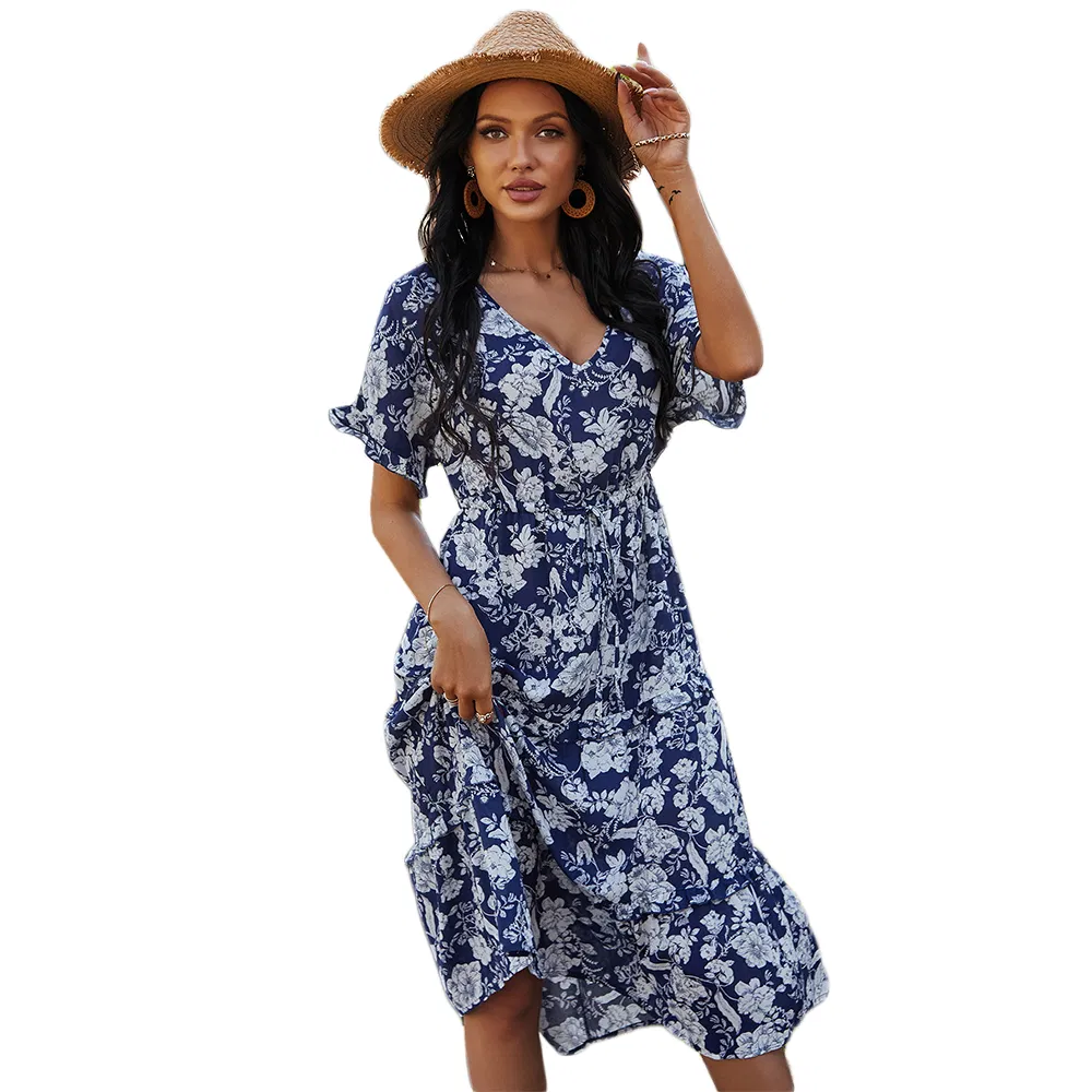 Fashion Korean Style Empire Waist Casual Elegant Bohemian Summer Floral Dress for Women