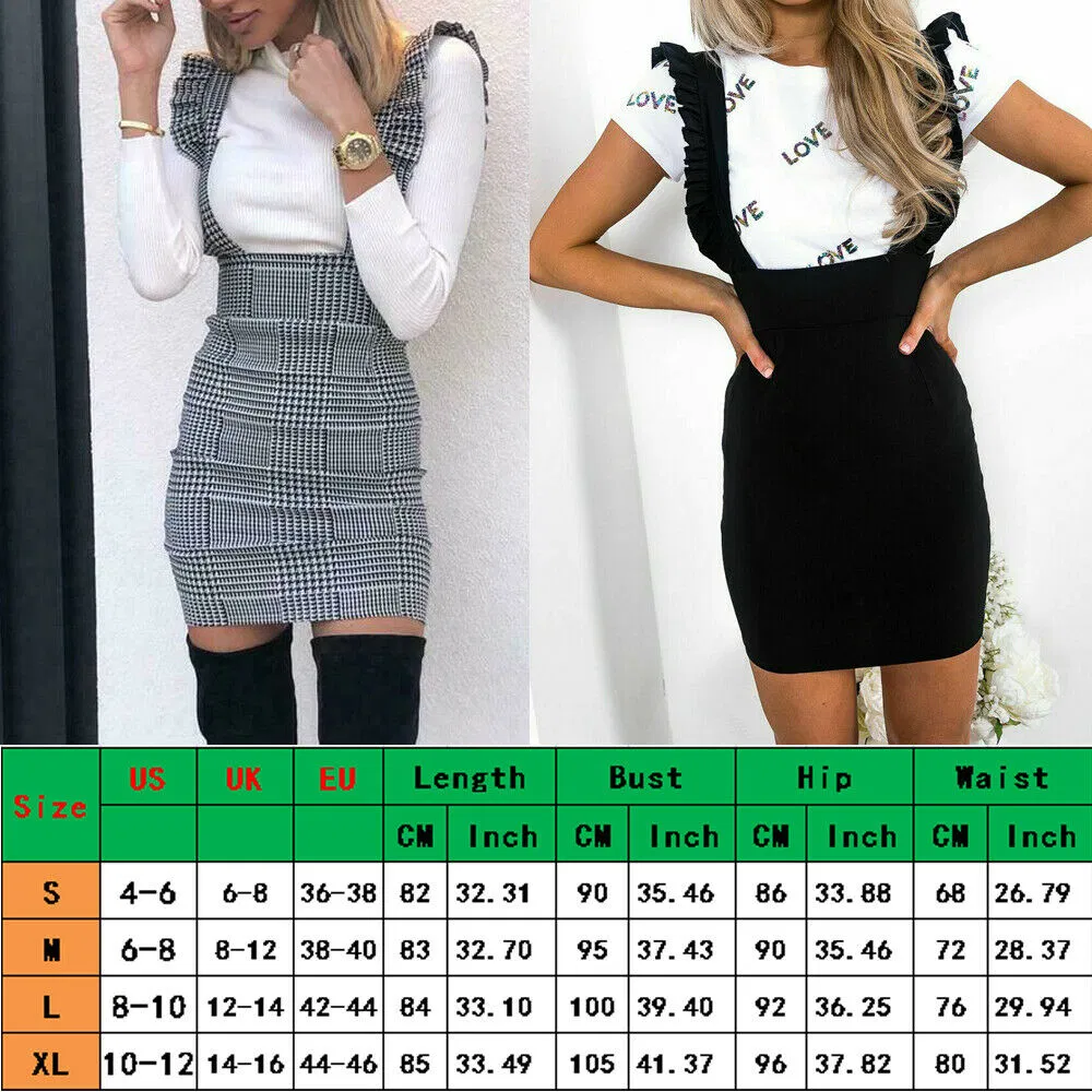 Fashion Women Dress Check Dog Tooth Frill Ruffle Pinafore High Waist Bodycon Party Mini Dress Holiday Casual Slim Dress Vestidos