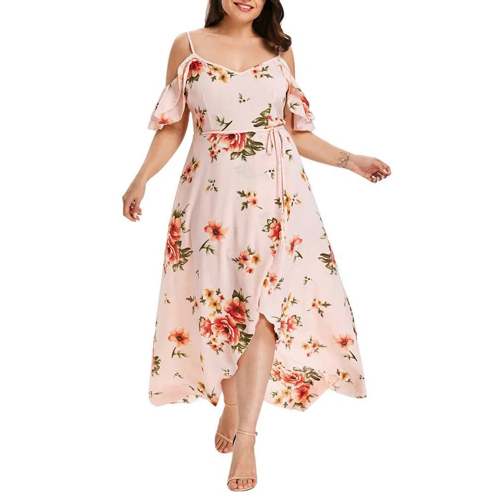 Floral Print off Shoulder Backless Flounce Hem Dress for Plus Size Lady