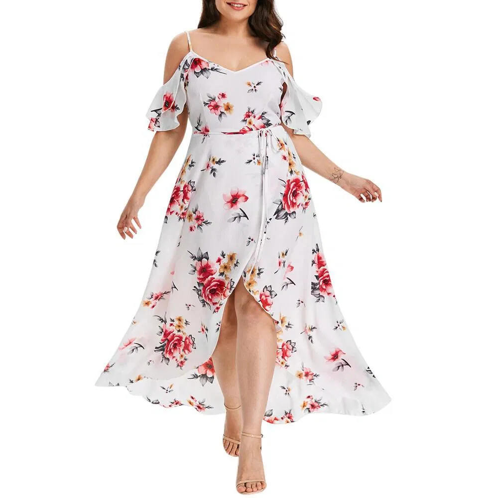 Floral Print off Shoulder Backless Flounce Hem Dress for Plus Size Lady