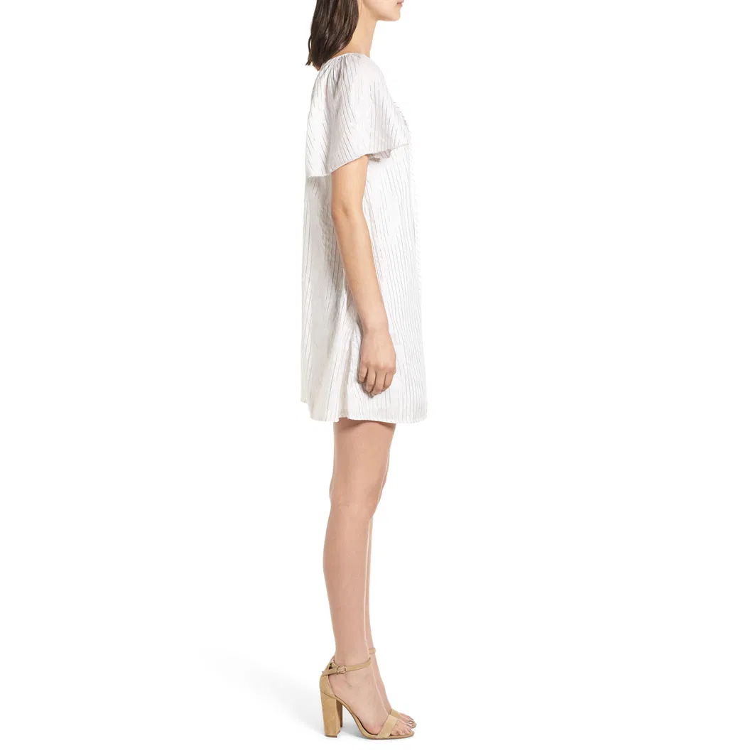 Flutter Sleeve Glimmering Metallic Stripe Loose Shift White Dress