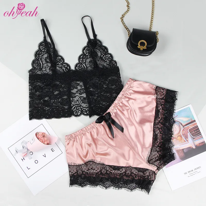High Quality Wholesale Transparent Woman Lace Top Girl Satin Pajamas Set