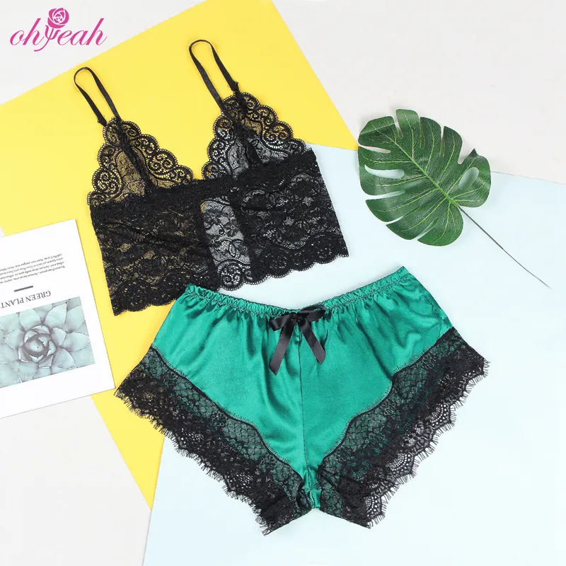 High Quality Wholesale Transparent Woman Lace Top Girl Satin Pajamas Set