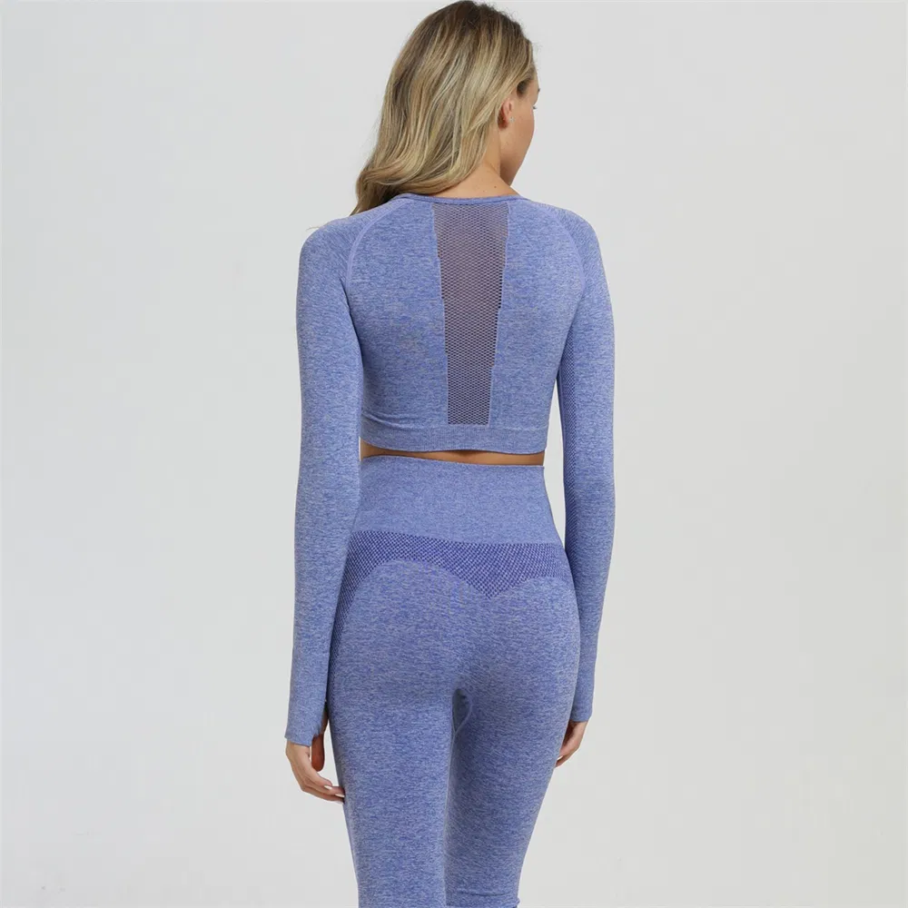 Hollow out Gym Wear Workout Clothes Long Sleeve Gym Crop Top High Waist Leggings Fitness Sports Wear Mesh Yoga Set