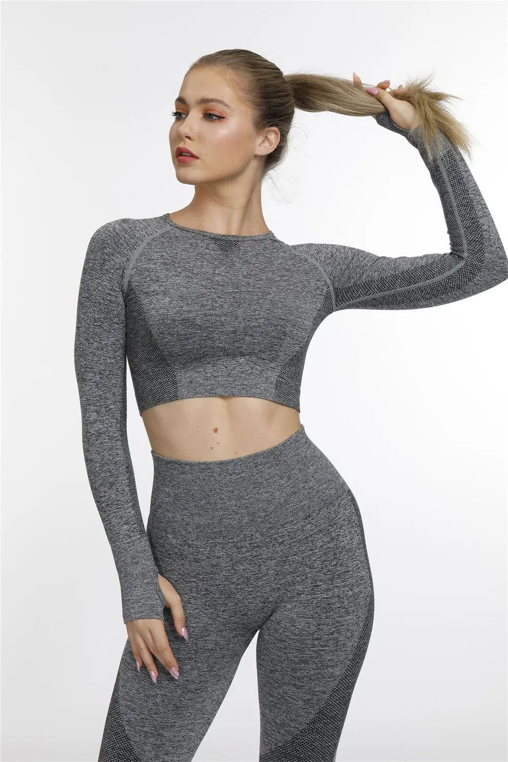 Hollow out Gym Wear Workout Clothes Long Sleeve Gym Crop Top High Waist Leggings Fitness Sports Wear Mesh Yoga Set