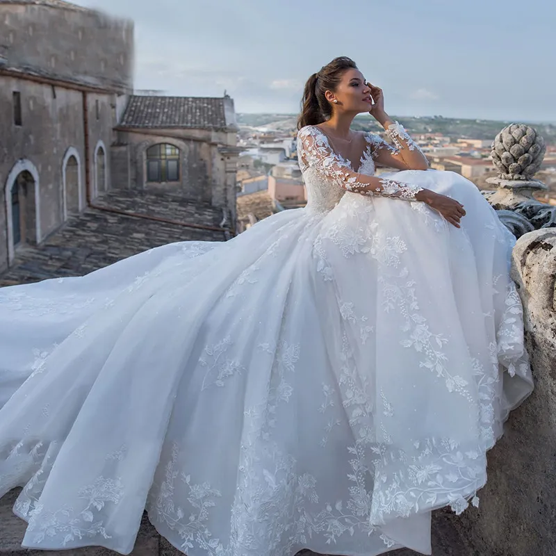 HWD037 Big Tailed New Wedding Dress Retro Sexy Tulle V-Neck Long Sleeve Wedding Dress Bridal