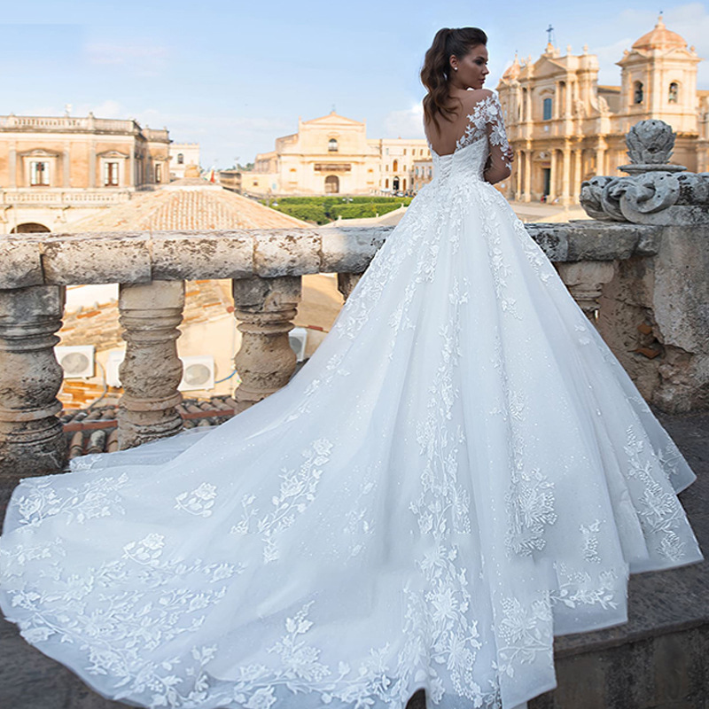 HWD037 Big Tailed New Wedding Dress Retro Sexy Tulle V-Neck Long Sleeve Wedding Dress Bridal