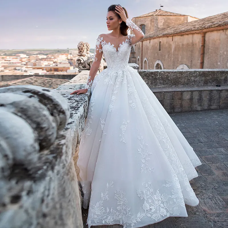 HWD037 Big Tailed New Wedding Dress Retro Sexy Tulle V-Neck Long Sleeve Wedding Dress Bridal