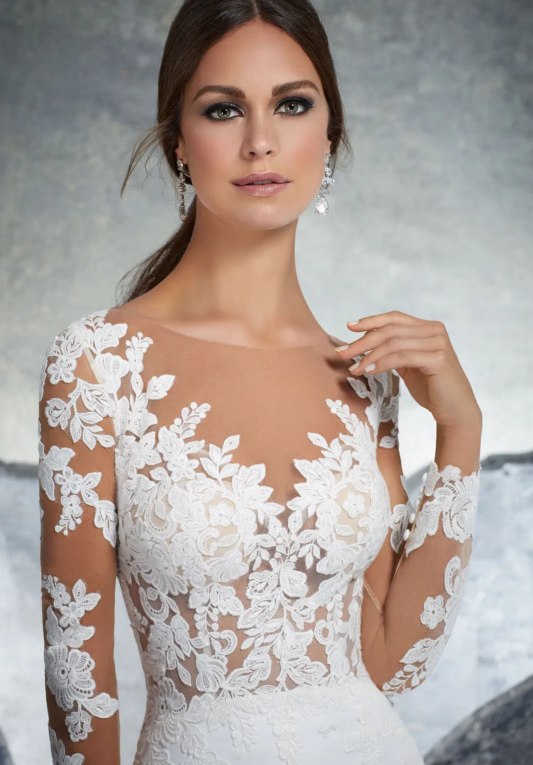 Illusion Long Sleeve Bridal Wedding Gown Chiffon Beach Country Hollow Back Wedding Dress