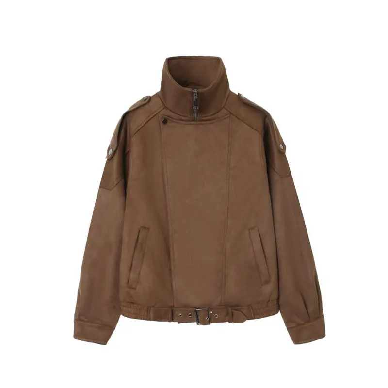 Slim Fit Elastic Cuffs and Hem Side Pockets Suede Jacket