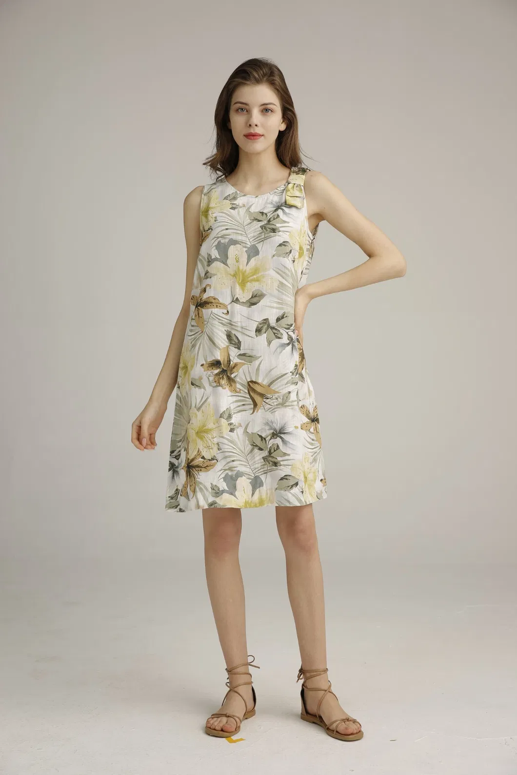 Ladies Nice Floral Printing Rayon Linen Round Neck Dress A Shape Sleeve