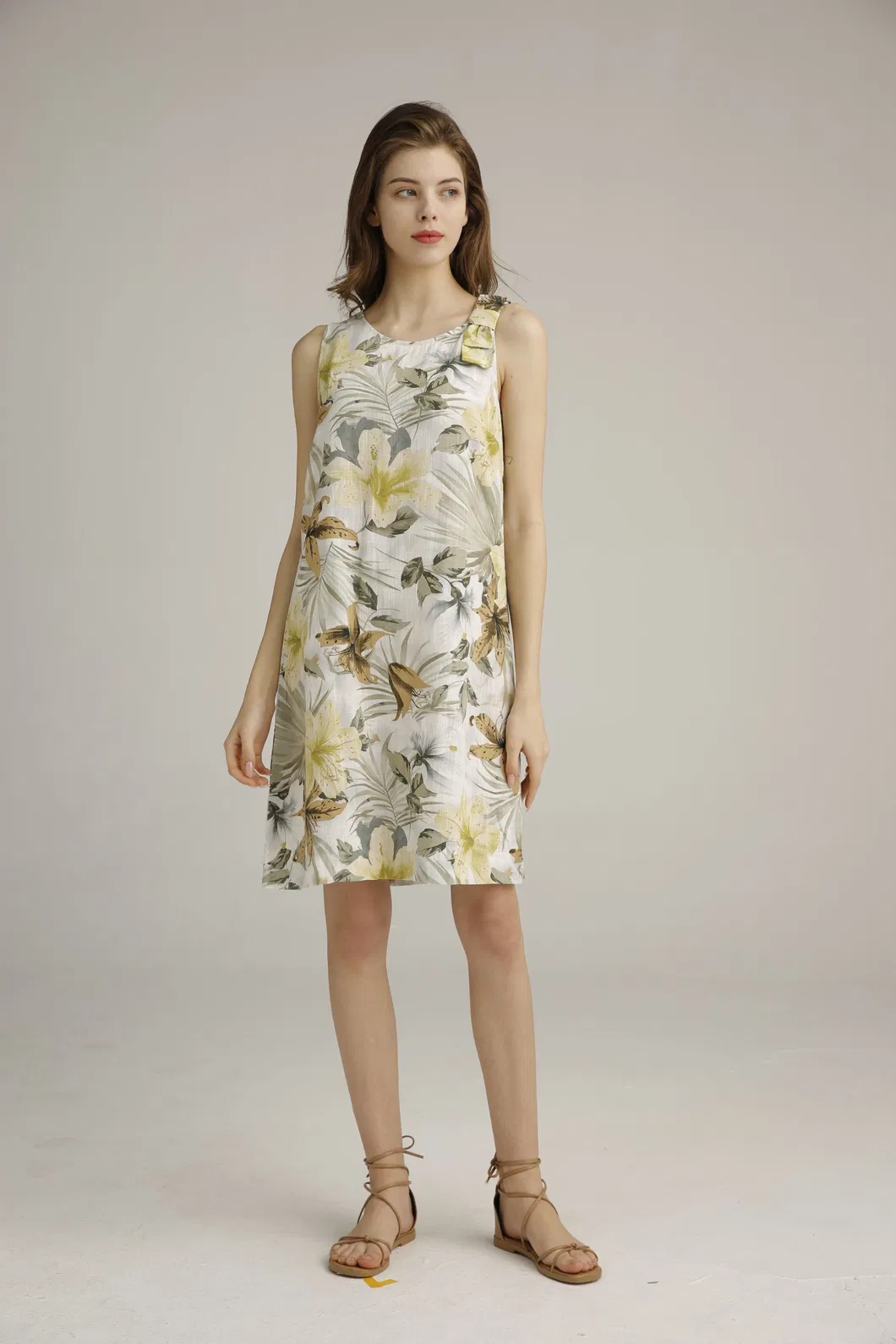 Ladies Nice Floral Printing Rayon Linen Round Neck Dress A Shape Sleeve