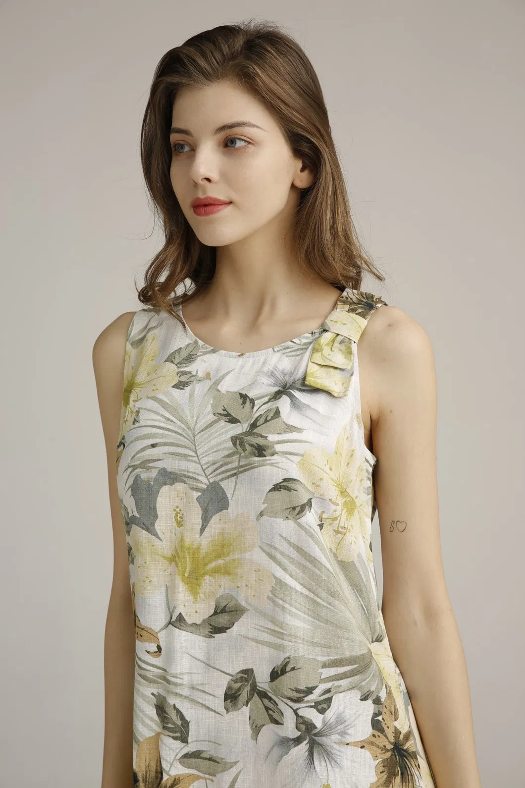 Ladies Nice Floral Printing Rayon Linen Round Neck Dress A Shape Sleeve