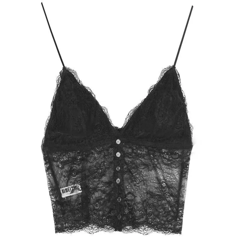 Ladies Sexy Camisole Lace Lingerie Spaghetti Top with Buttons Good Elastic Good Breathable