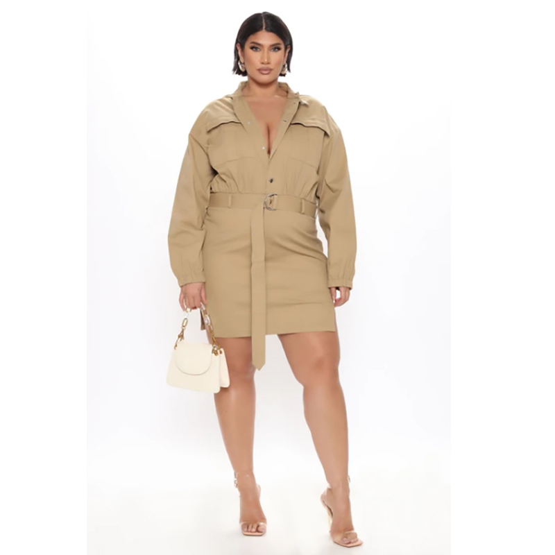 Ladies Stand Colar Chest Pockets Elastic Cuffs Front Button Uneven Hemline Mini Dress