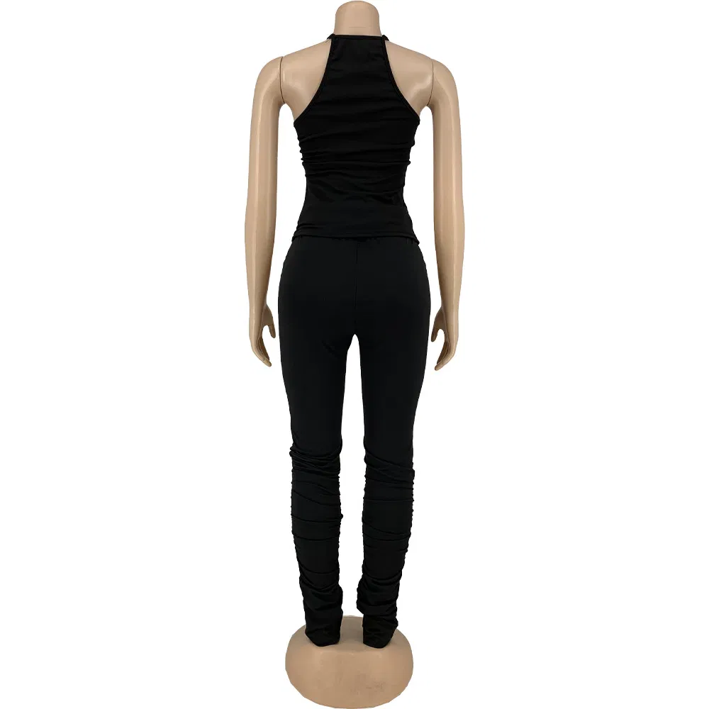 Latest 2021 Summer Active Wear Solid Color off The Shoulder Sleeveless Elastic Drawstring Ruched Pants 2 Piece Set Women