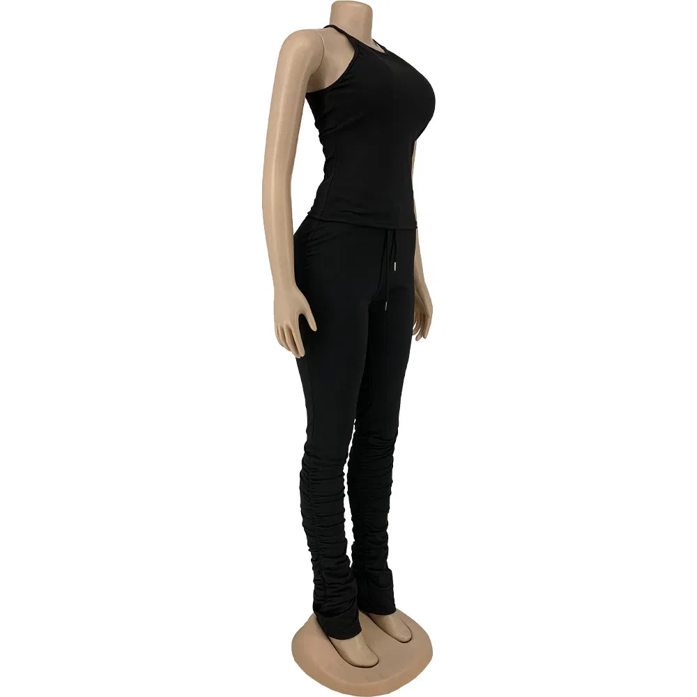 Latest 2021 Summer Active Wear Solid Color off The Shoulder Sleeveless Elastic Drawstring Ruched Pants 2 Piece Set Women